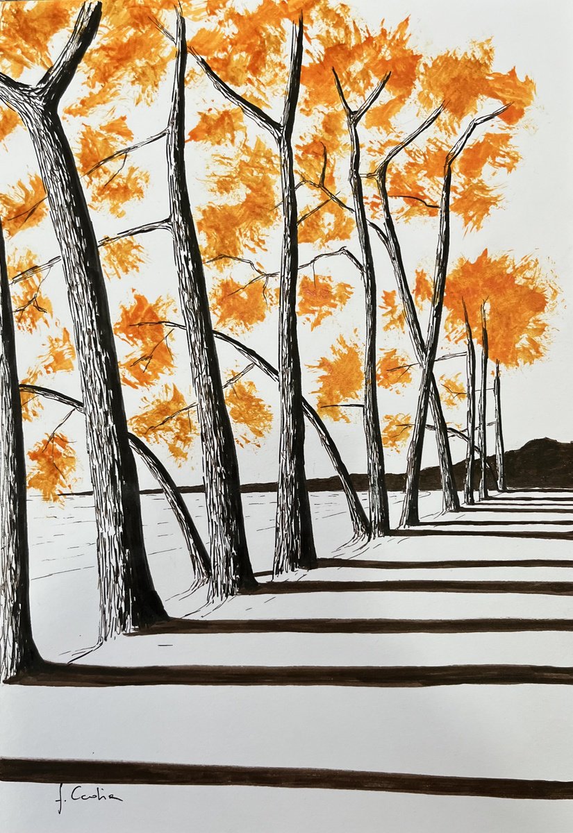 Expressive Landscape Ink Drawing By Cadiou Frederic, 9 X 13, Cap Coz Sepia, Original Artwork