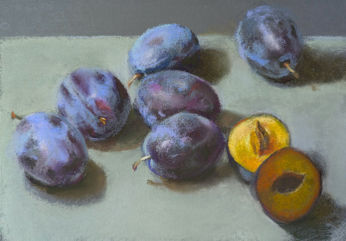 Still Life Pastel Drawing By Silja Salmistu, 11 X 8", Plums, Original Artwork
