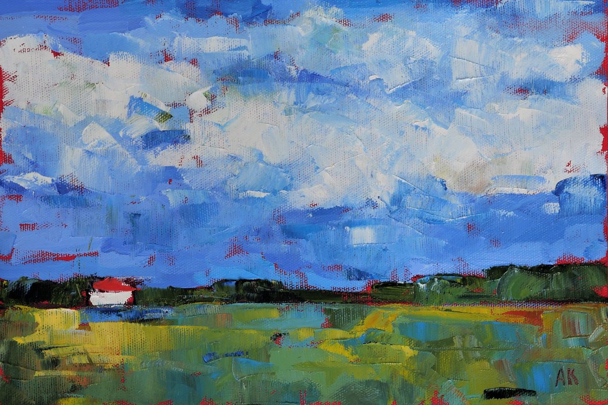 Summer countryside - multicolored textured semi abstract landscape oil painting by Alfia Koral