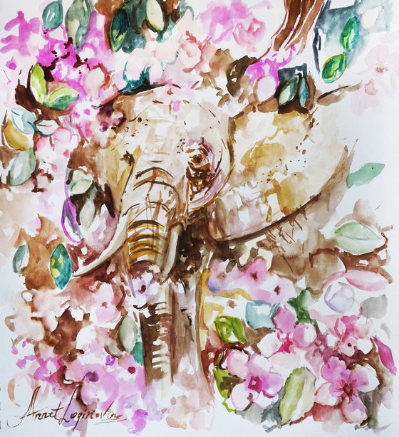 Elephant flowering art. Original watercolor art
