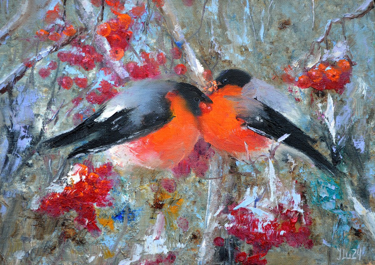 Expressive Animal Oil Painting By Elena Lukina, 12 X 8, Happy Bullfinches, Original Artwork