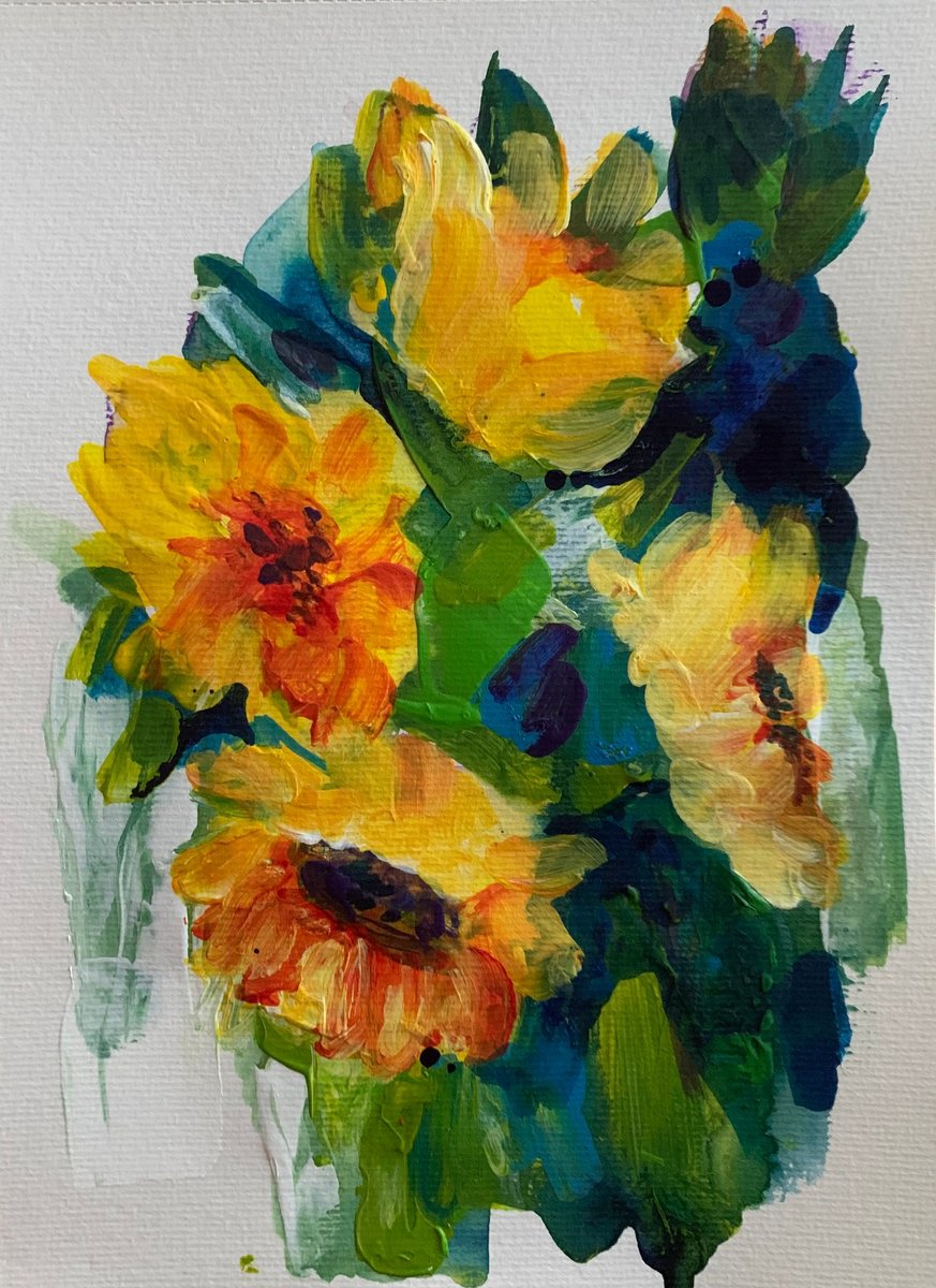 Impressionistic Botanical Acrylic Painting By Olga Pascari, 8 X 11", Sunflower Still Life, Original Artwork
