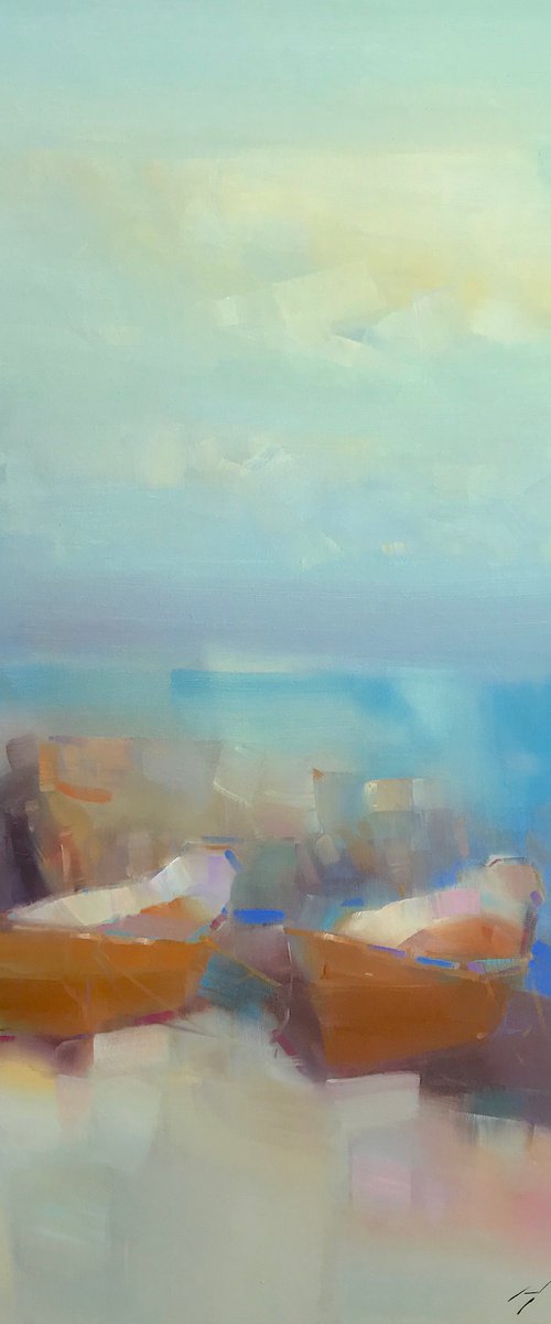 Boats on the Shore, Original oil painting, Handmade artwork, One of a kind by Vahe Yeremyan