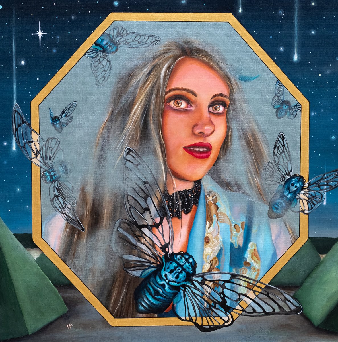 Surrealistic Portrait Acrylic Painting By Saskia Huitema, 17 X 17", Flutter Of Wings, Original Artwork