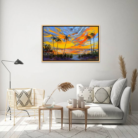 OCEAN SUNSET. Contemporary Florida Sunset Painting in Bold Orange, Purple, Yellow Colors