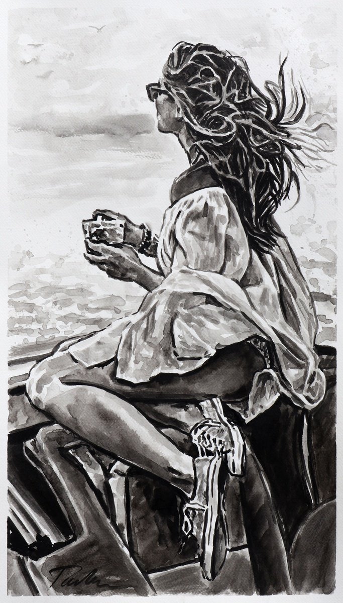 Urban And Pop Portrait Ink Drawing By Tashe, 12 X 21", A Sip Of Happiness, Original Artwork