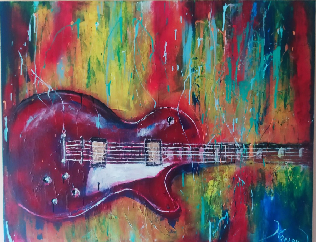 Abstract Cityscapes Acrylic Painting By Beata Harasim, 39 X 31, Red Guitar, Original Artwork
