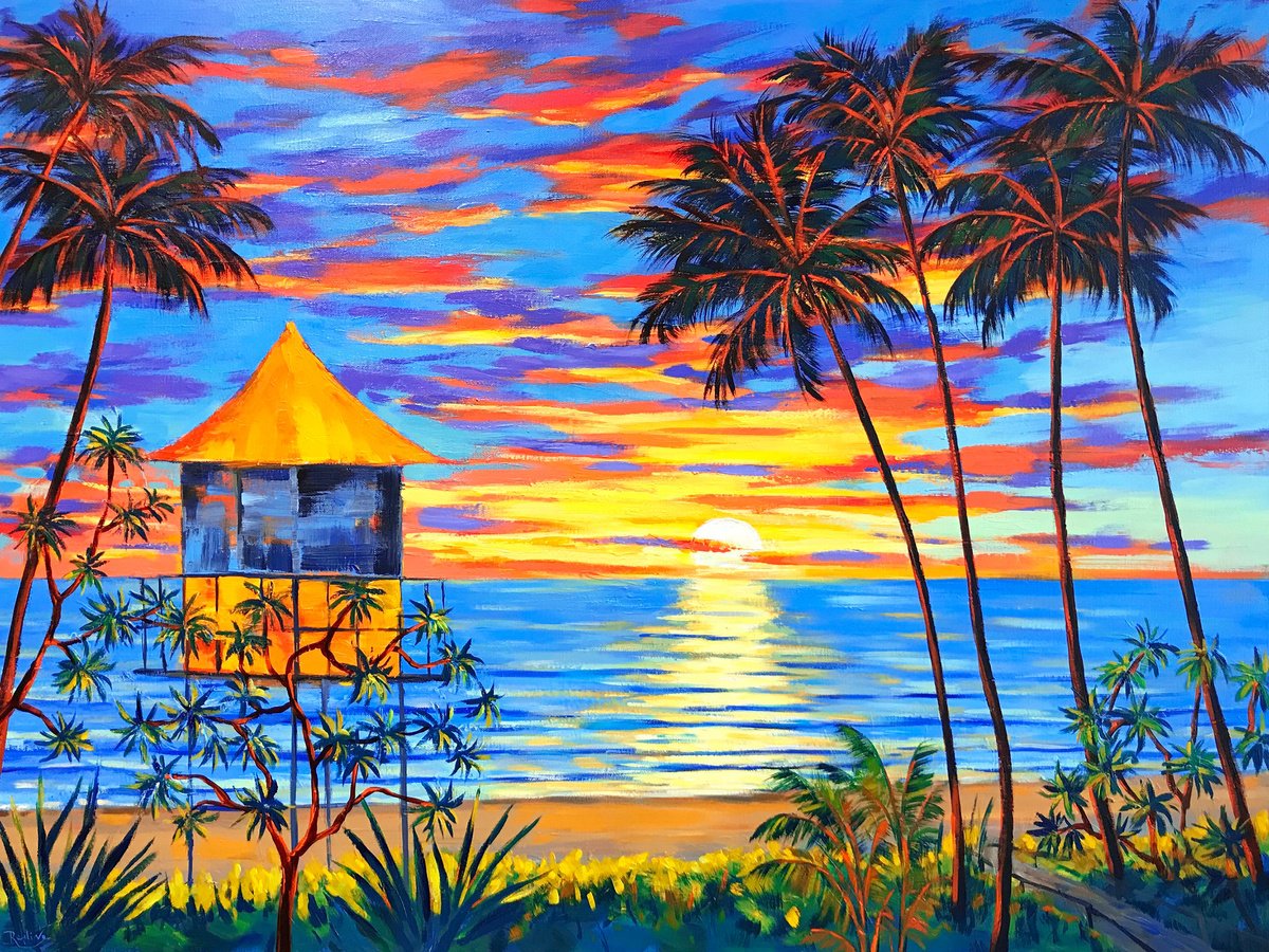 Impressionistic Landscape Acrylic Painting By Irina Redine, 40 X 30, Beach Sunrise, Original Artwork