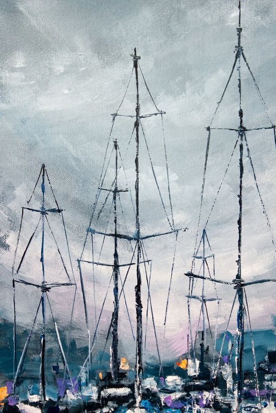 "Sailboats in the harbor" yachts at sea, landscape