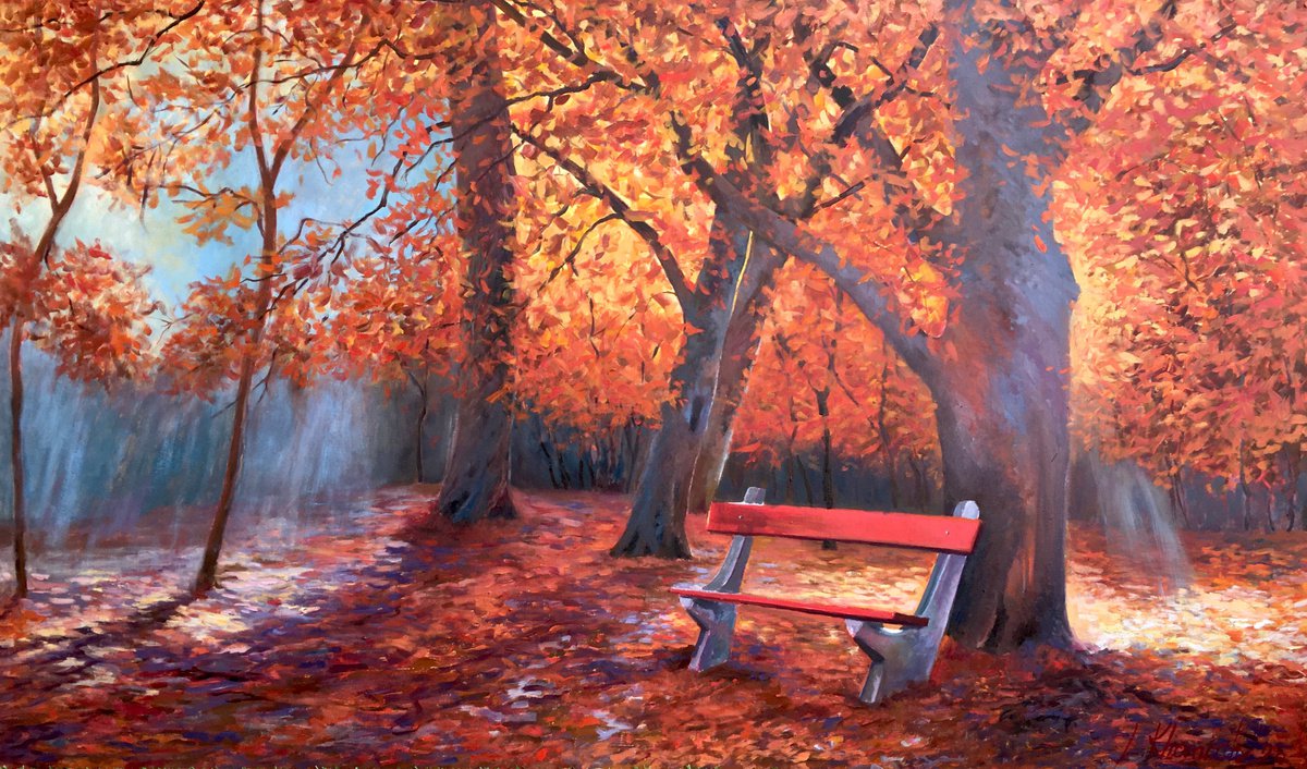 Photorealistic Landscape Oil Painting By Leo Khomich, 60 X 36", Gold Trees, Original Artwork