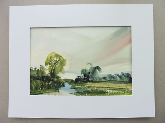 SUMMER MEADOW LANDSCAPE RIVER SEVERN, Worcs. Original Watercolour with mount (mat).