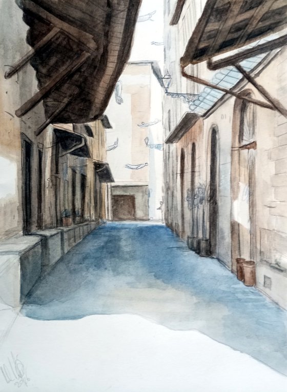 Alley with people flying