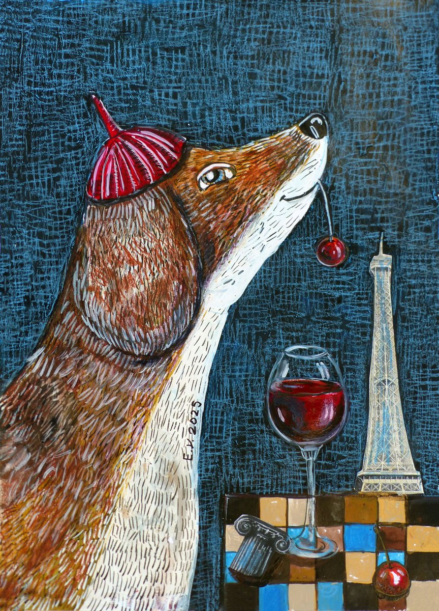 Surrealistic Animal Painting By Elizabeth Vlasova, 12 X 17, Parisian Night, Original Artwork