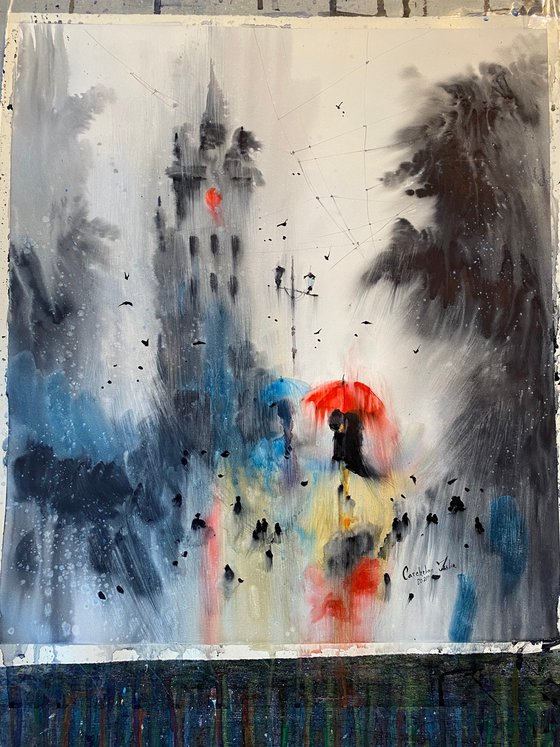 Watercolor “Red accent in the rain” perfect gift