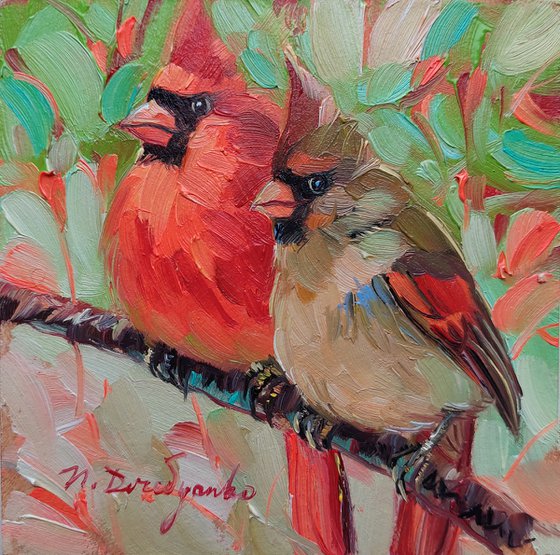 Cardinal Birds couple painting original art 4x4, Mini picture frame birds on branch artwork, Anniversary gift