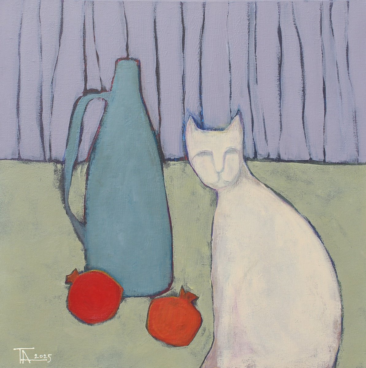 Expressive Still Life Acrylic Painting By Tatjana Auschew, 20 X 20", Still Life And A White Cat., Original Artwork