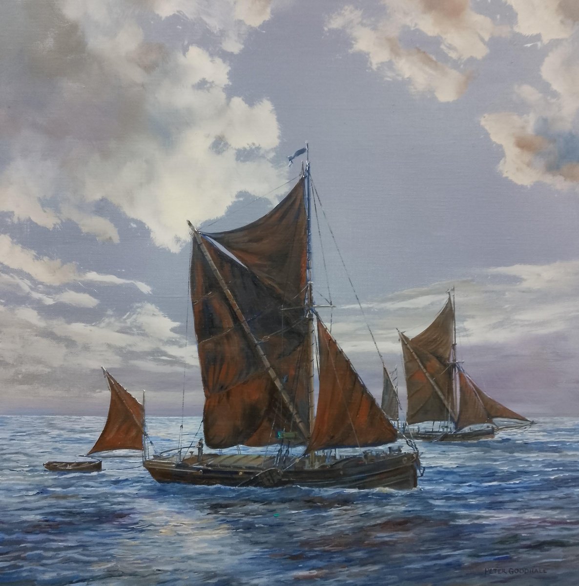 Illustrative Oil Painting , Thames Sailing Barges In The Moonlight By Peter Goodhall, 21 X 21, Artwork For Sale On Artfinder