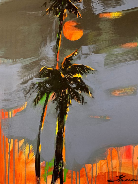 Expressionist painting - "Storm at sunset" - Pop Art - Palms and Sea - Night seascape - Sun - Orange Sunset