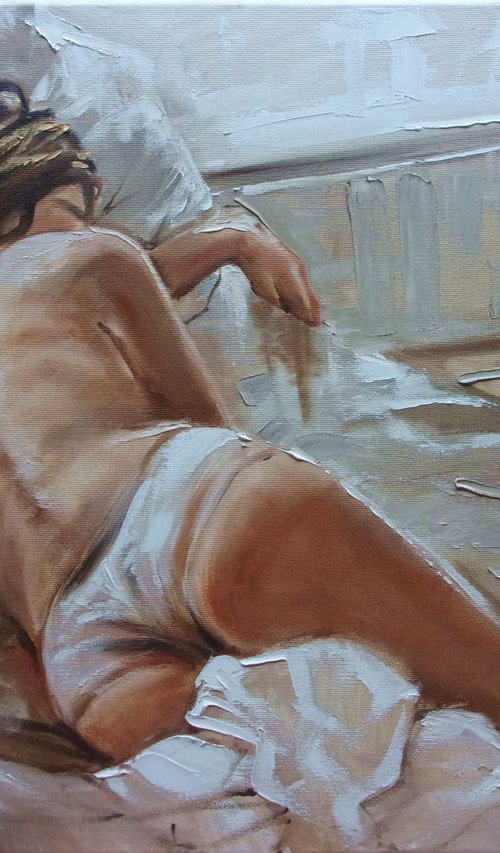 SALE " THE LULLABY ... "- WHITE ROSES liGHt  ORIGINAL OIL PAINTING, GIFT, PALETTE KNIFE by Monika Luniak