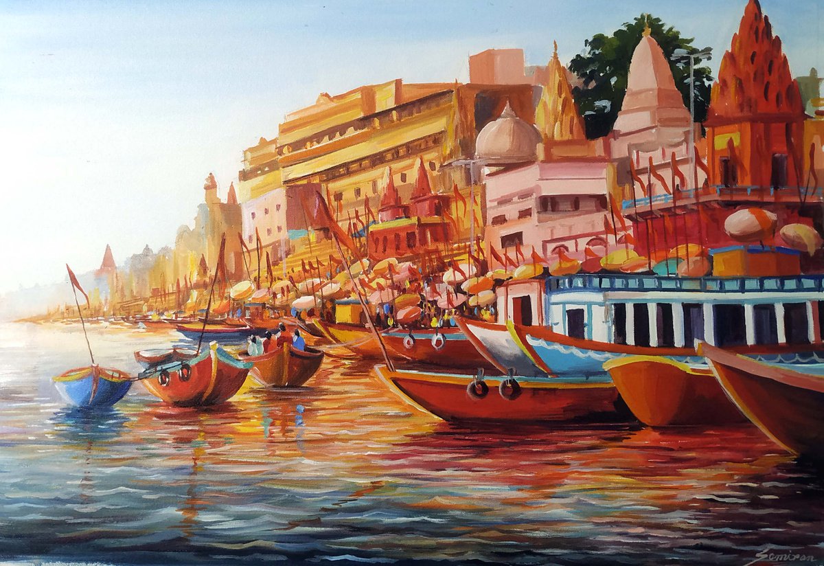 Impressionistic Cityscapes Acrylic Painting By Samiran Sarkar, 30 X 20", Colorful Varanasi Ghats, Original Artwork