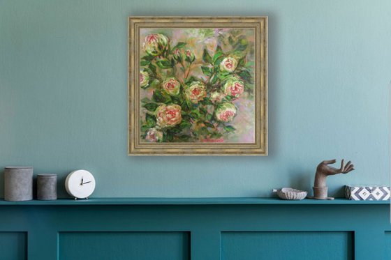 Original Oil Painting of White Roses Bush Romantic Impressionism Blooming flowers for your new home design housewarming gift white and green good vibes cosy love Small 12x12 in. (30x30 cm)