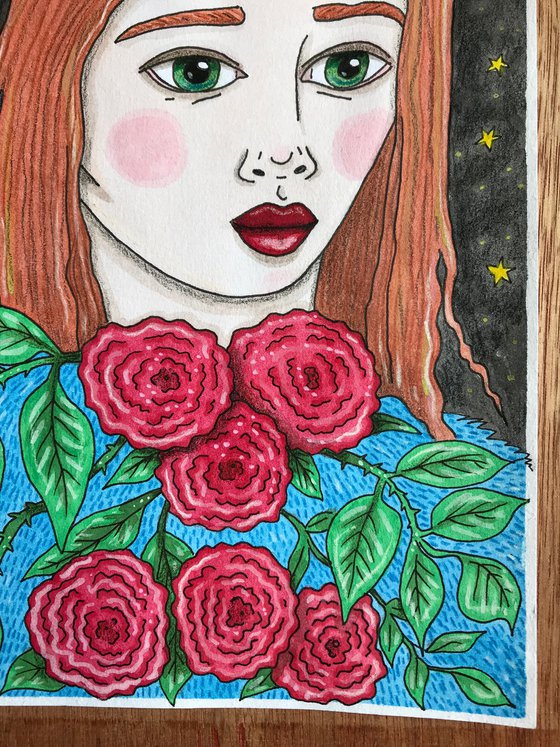 Stars and Roses - Original mixed media painting