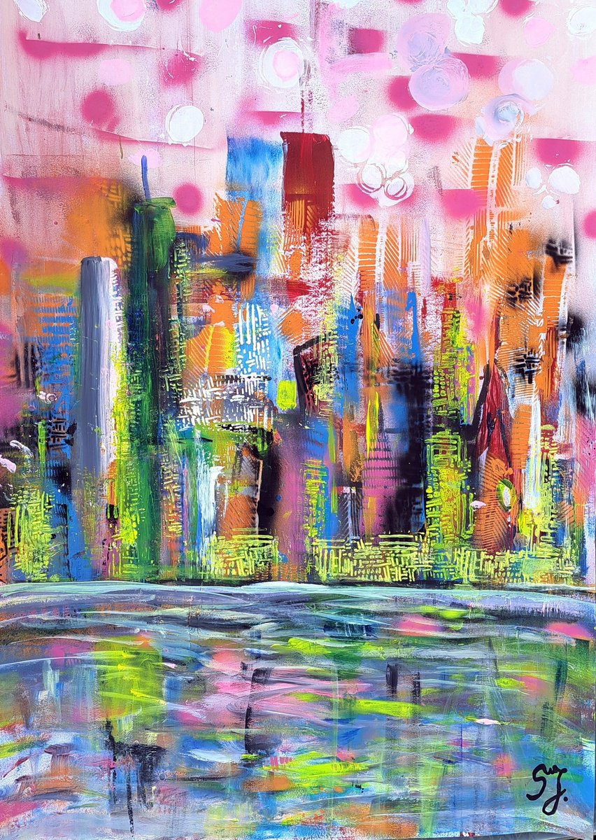 Abstract Cityscapes Acrylic Painting By Sanja Jancic, 28 X 39", Sunset Over New York, Original Artwork