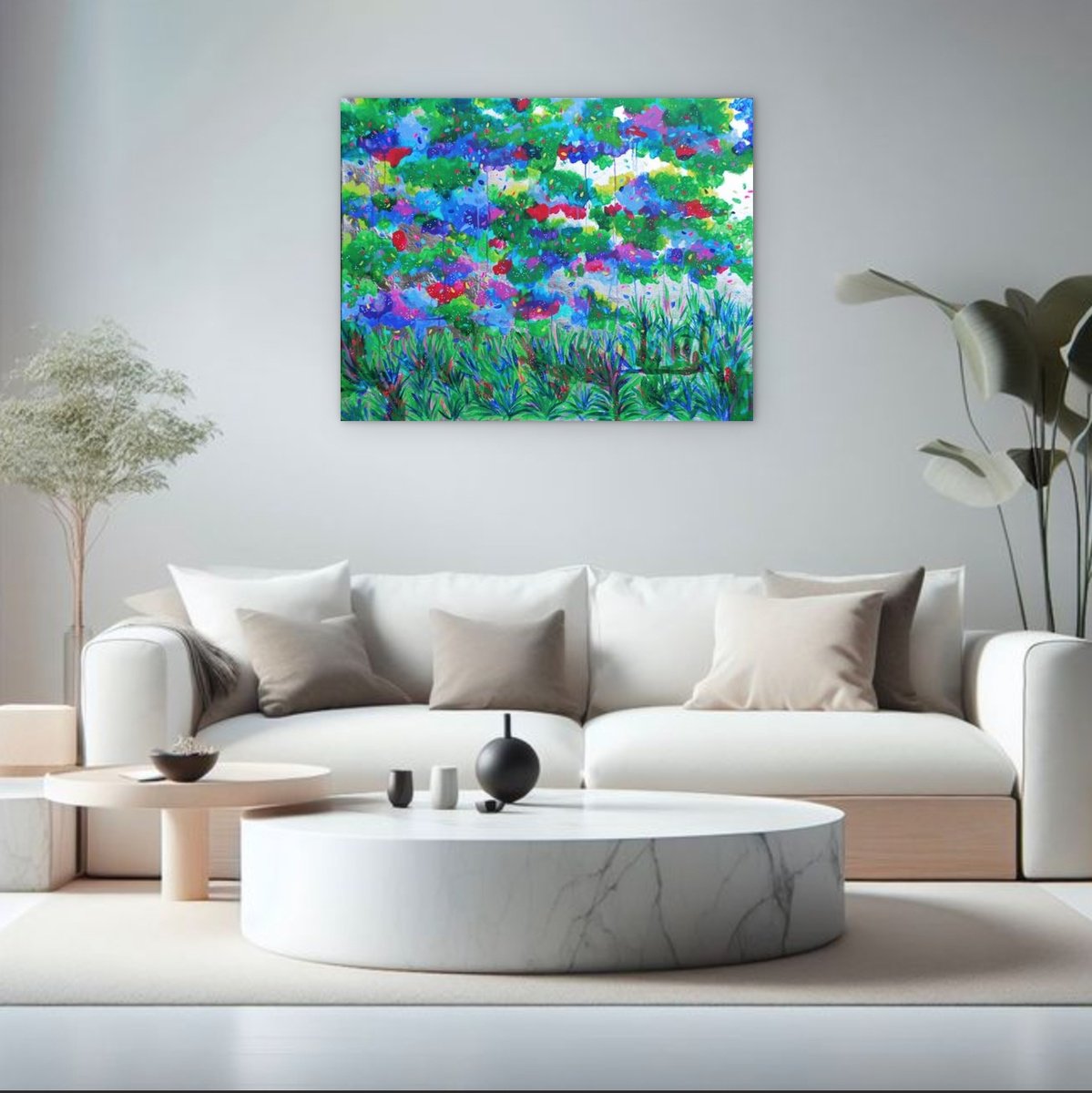 Abstract Landscape Acrylic Painting By Aasiri Wickremage, 40 X 32, Silvery Enchantment: Forest Whispers - Sale, Artfinder