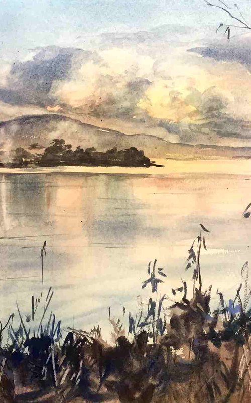 Lake - Original landscape watercolour painting by Violetta Kurbanova
