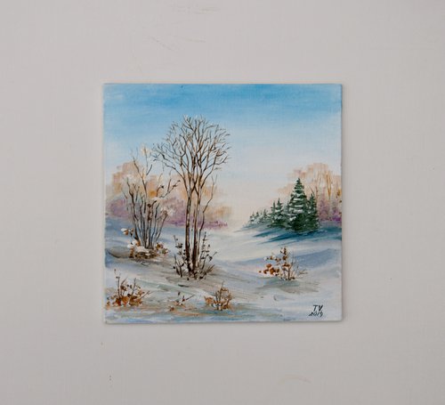 Winter morning. Snow landscape. Small oil painting. Miniature. 6 x 6 by Tetiana Vysochynska