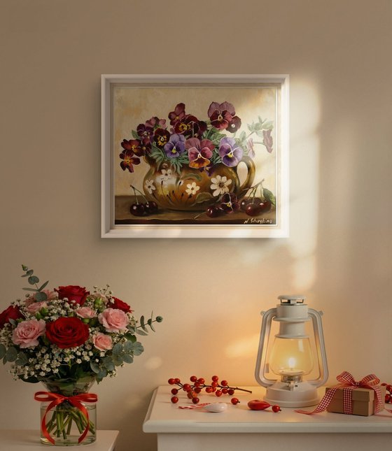 Pansies in Rustic Jug with Cherries