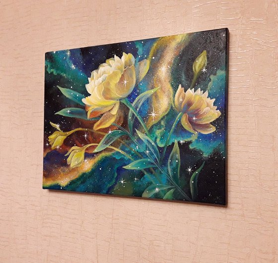 "Cosmo", abstract floral painting, galaxy space art, flowers painting