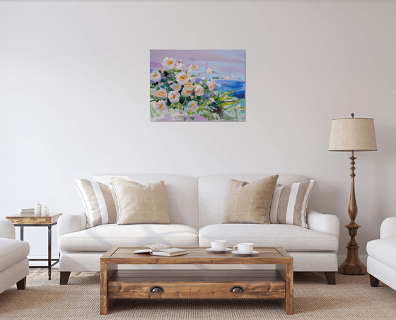 Enchanted by the light. Roses garden in Montenegro. Original plain air oil painting