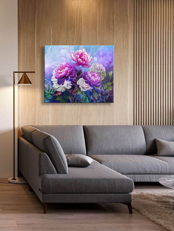 "Summer breath", peonies flowers art, floral painting, floral arrangement