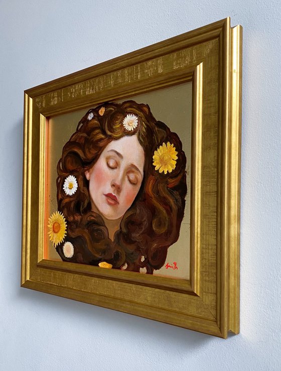 Dream of Flowers: Gold leaf oil portrait with frame.