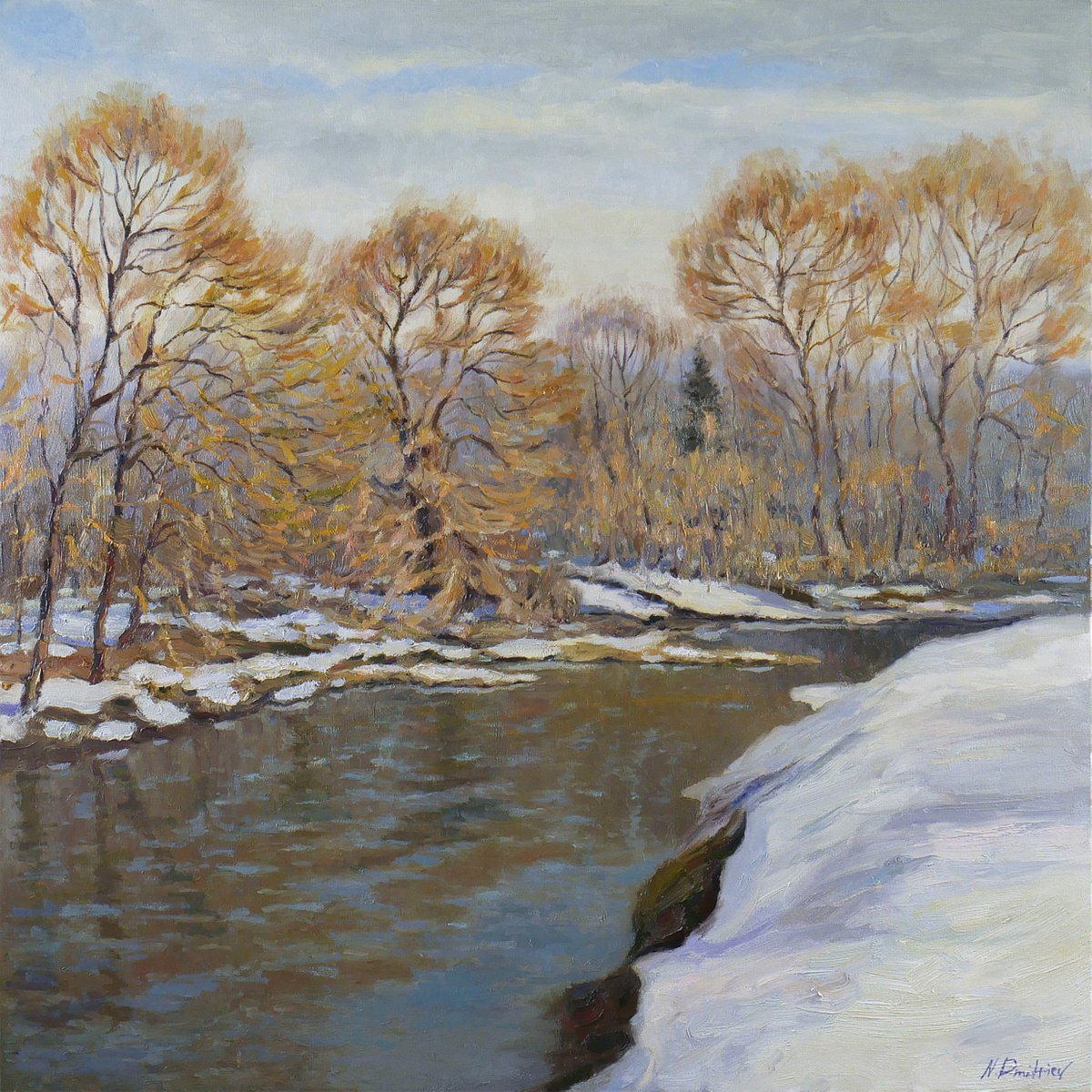 Sunny spring river landscape painting by Nikolay Dmitriev