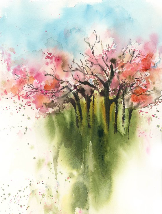 Spring Landscape with Pink Tree and Green Grass Watercolor Painting