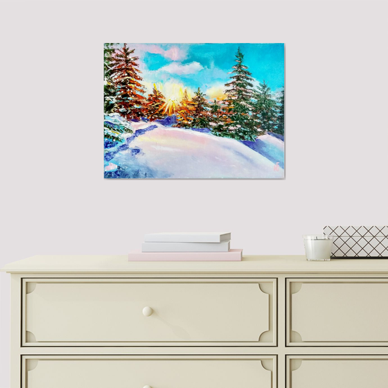 Fabulous winter, Pine Tree Painting Original Art Alaska Artwork Snowy Landscape Wall Art