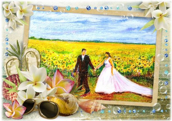 Newlyweds in a romantic Sunflower field