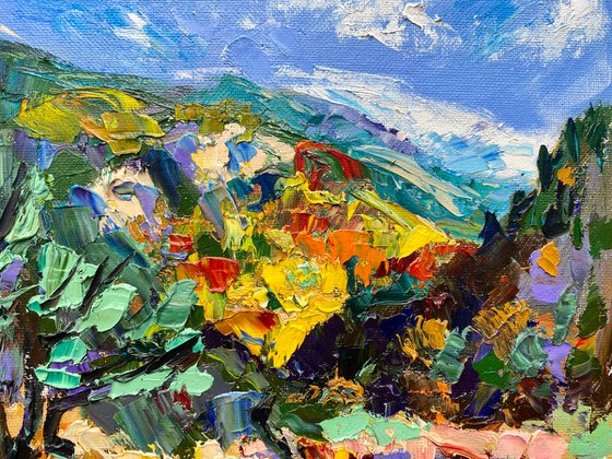 "Sun in mountains", 18*24cm, impressionistic oil mountains landscape etude painting