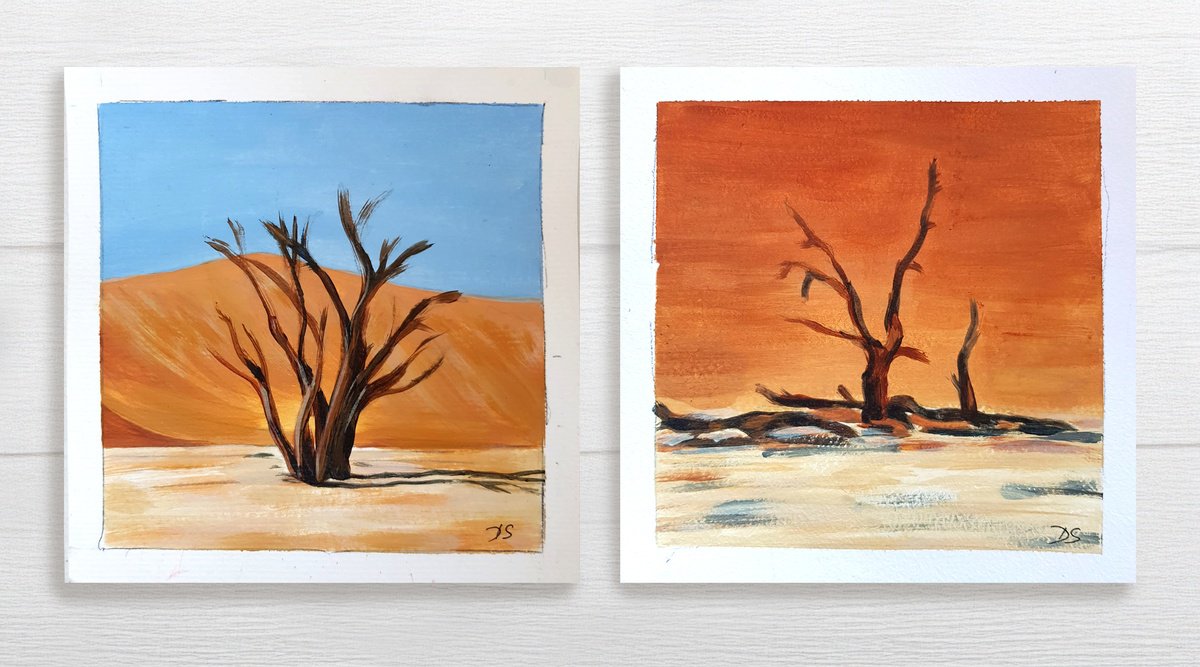 Impressionistic Landscape Acrylic Painting By Daria Startseva, 6 X 6, Desert Acacia Diptych, Original Artwork