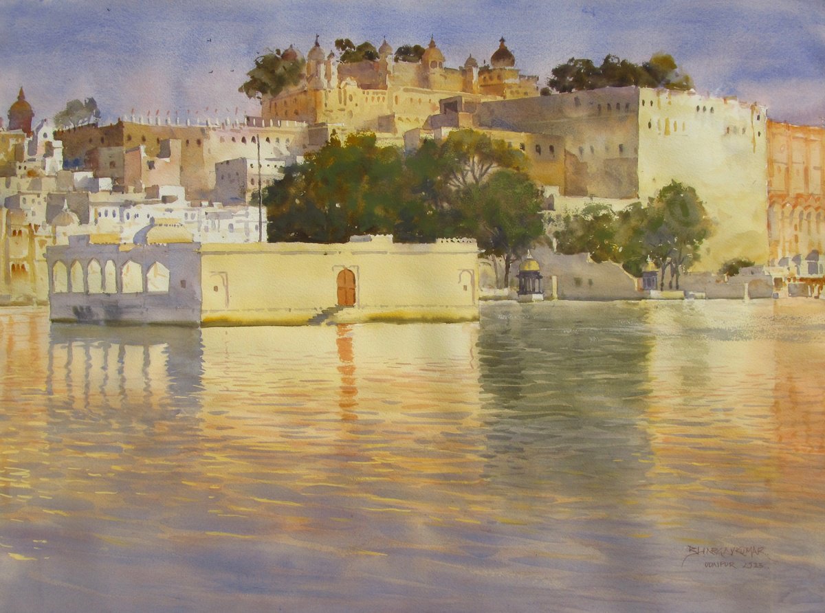 Impressionistic Cityscapes Watercolour By Bhargavkumar Kulkarni, 29 X 22, Golden Evening At Udaipur, Original Artwork