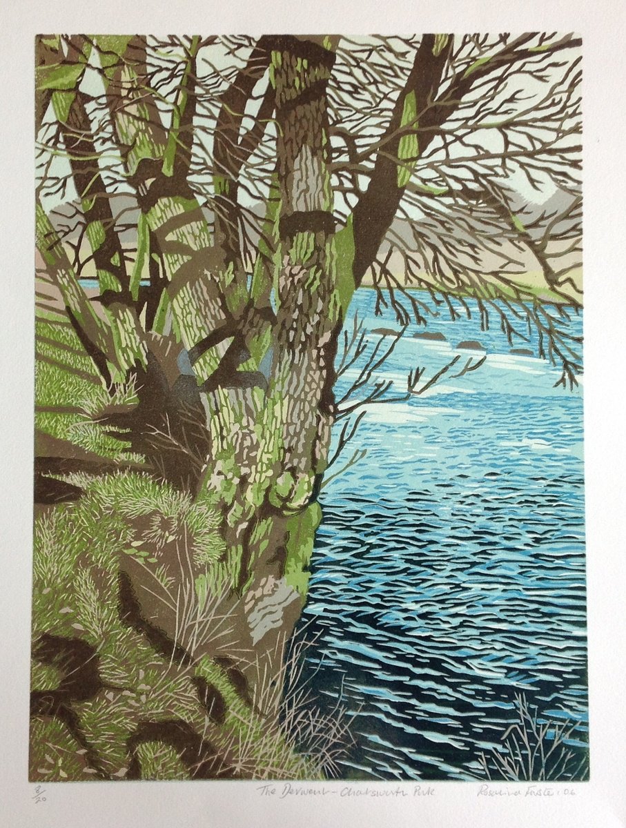 Landscape Linocut By Rosalind Forster, 12 X 21", The Derwent Chatsworth Park, Original Artwork