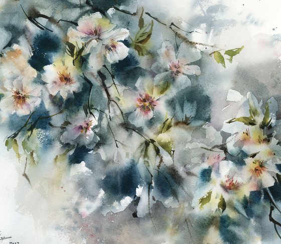 Almond Florals Watercolor Painting, Blossoms Painting, Flowers Watercolour Art