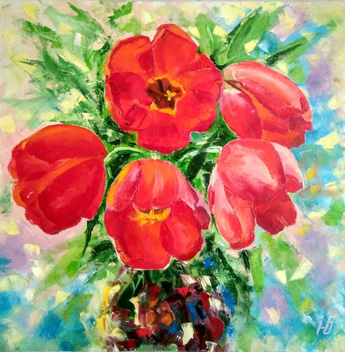 Spring bouquet Tulip Painting Floral Original Art Flower Artwork Bouquet Painting Canvas Wall Art 40x40 cm. by Yulia Berseneva