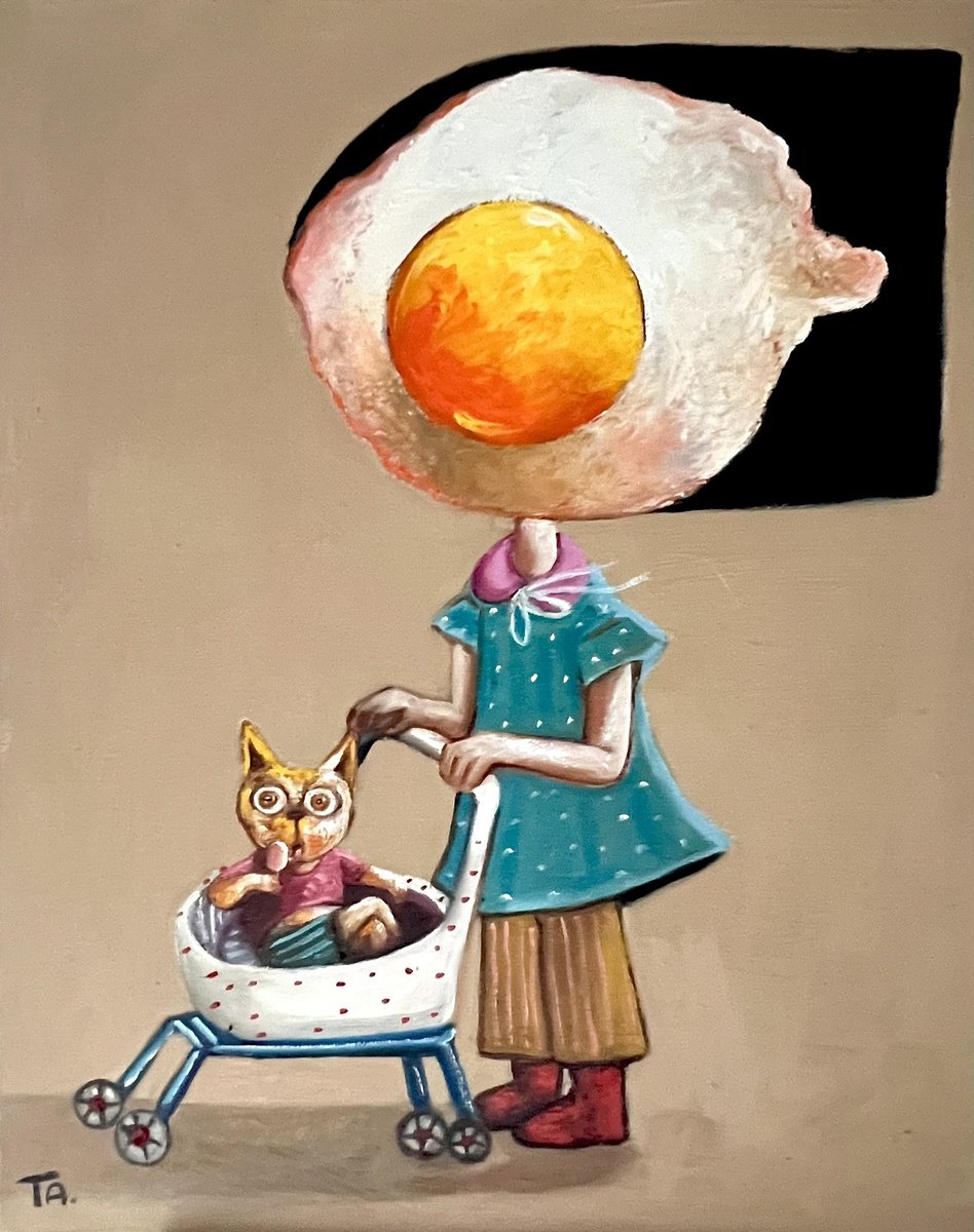 Surrealistic Portrait Oil Painting By Ta Byrne, 16 X 20", Egg Girl With Her Cat, Original Artwork