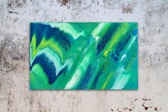 "Is My Reality Running?" - Original Abstract PMS Fluid Acrylic Painting on a Recycled Desk Panel - 23.5 x 14.5 inches