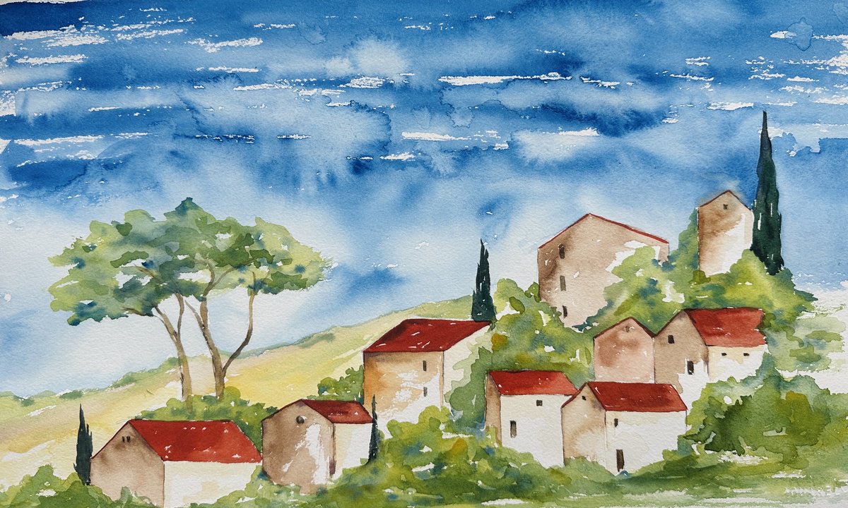 Impressionistic Watercolour , Houses With Red Roofs By Irina Anis, 17 X 10, Artwork For Sale On Artfinder