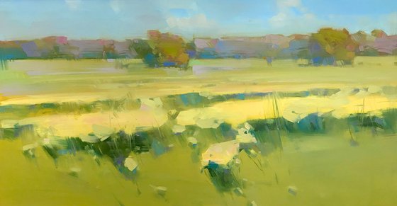 Field of Yellow Flowers, Landscape oil painting, Handmade artwork,