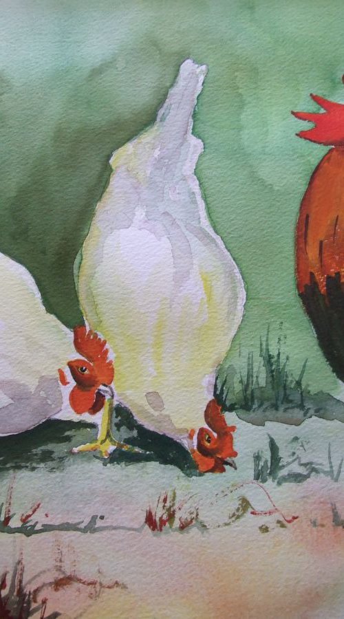 Cockerel with Hens by David Harmer